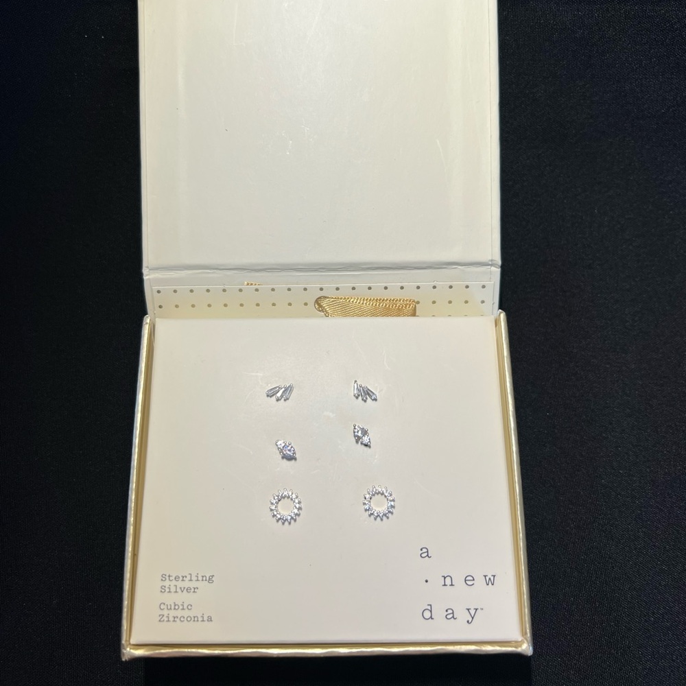 A new day brand 3 pairs of earrings; sterling silver cubic zirconia. New in box